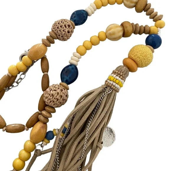 Chico's Long Wood Bead Leather Tassel Lariat Necklace Yellow Blue statement long - Picture 16 of 16